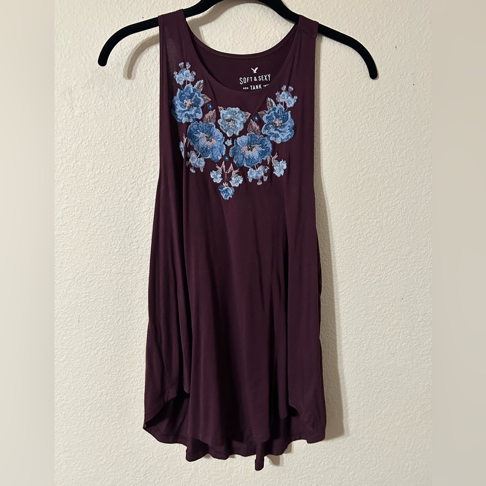 American Eagle Outfitters Maroon Tank Top with Blue Floral Embroidery